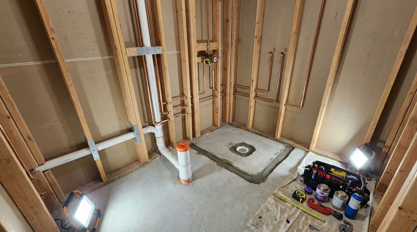 Bathroom rough-in plumbing during remodel by Johns Plumbing LLC in Winchester