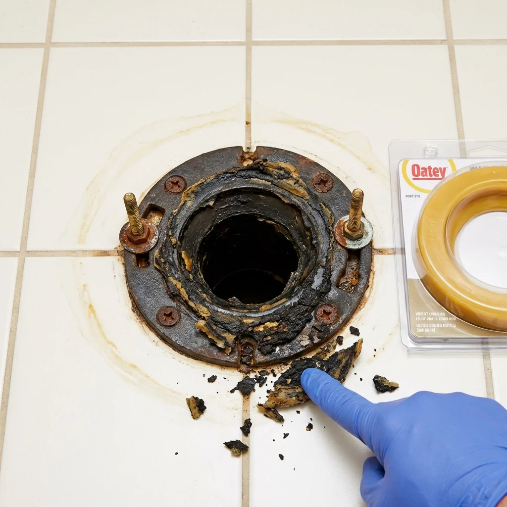 Failed wax ring showing water seepage at the base of a toilet in a Winchester, IL home