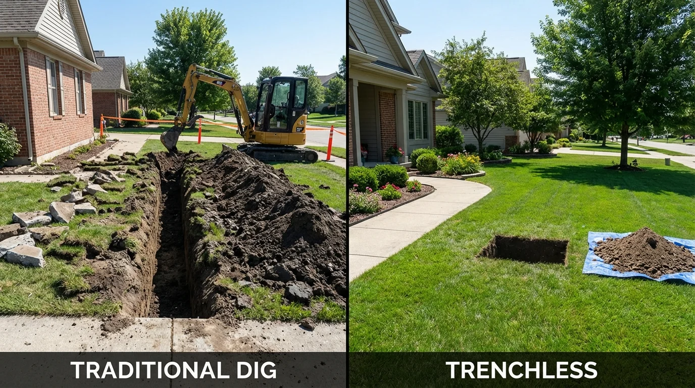 Trenchless sewer repair with minimal yard damage versus traditional excavation in Winchester, IL