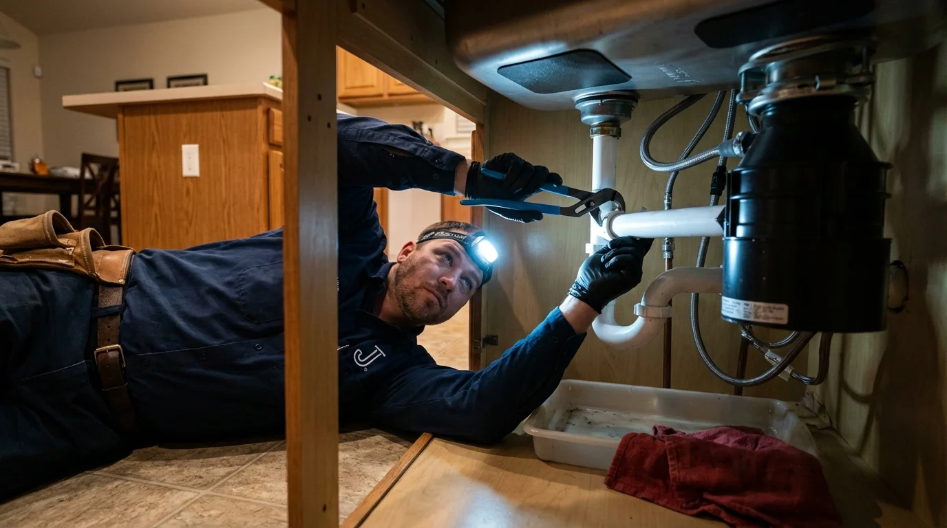 P-trap and supply line connections under a kitchen sink showing a common leak point in Winchester, IL